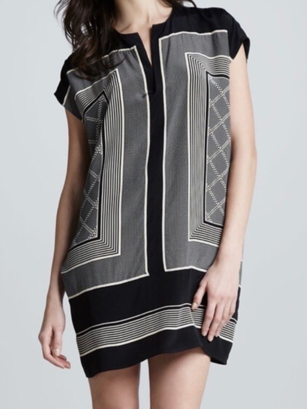 Vince Black and Beige Silk Scarf-Print Tunic Dress